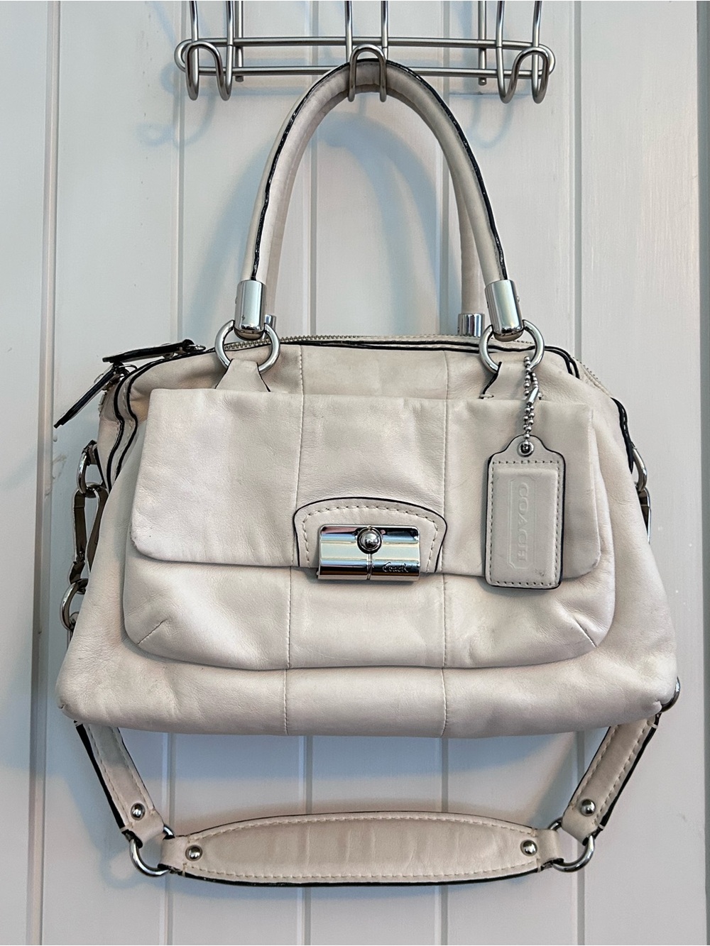 Coach Kristin White Leather Satchel Bag Removable Strap Silver Hardwood AS IS